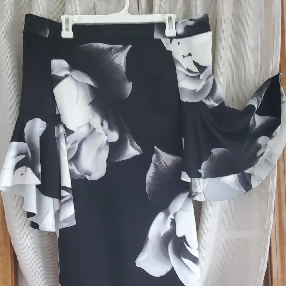 Black and white floral design off shoulder dress